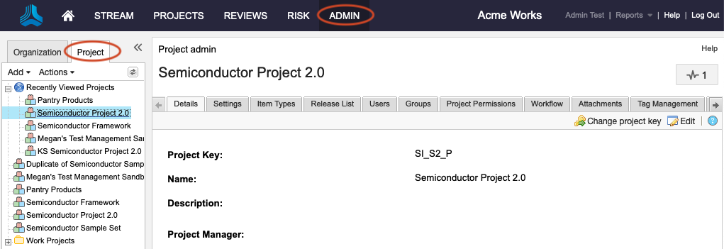 Image shows projects in the header, then project at the top of the left panel with a pull down to configure project.