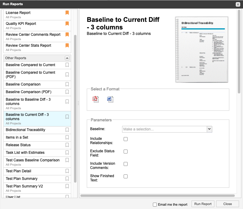 Run a Baseline Current Diff report