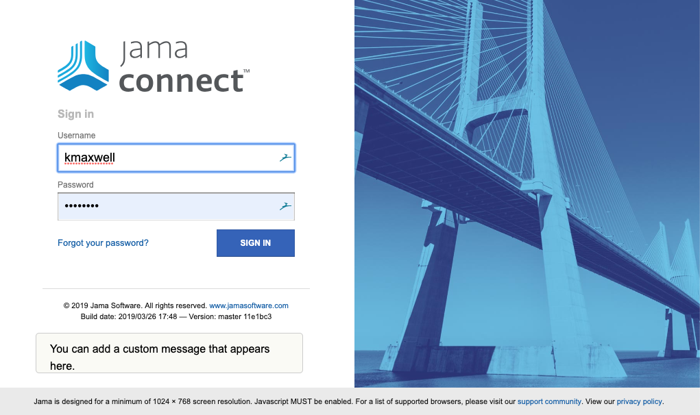 Jama Connect login page with a message at the bottom that says "You can add a custom message that appears here".