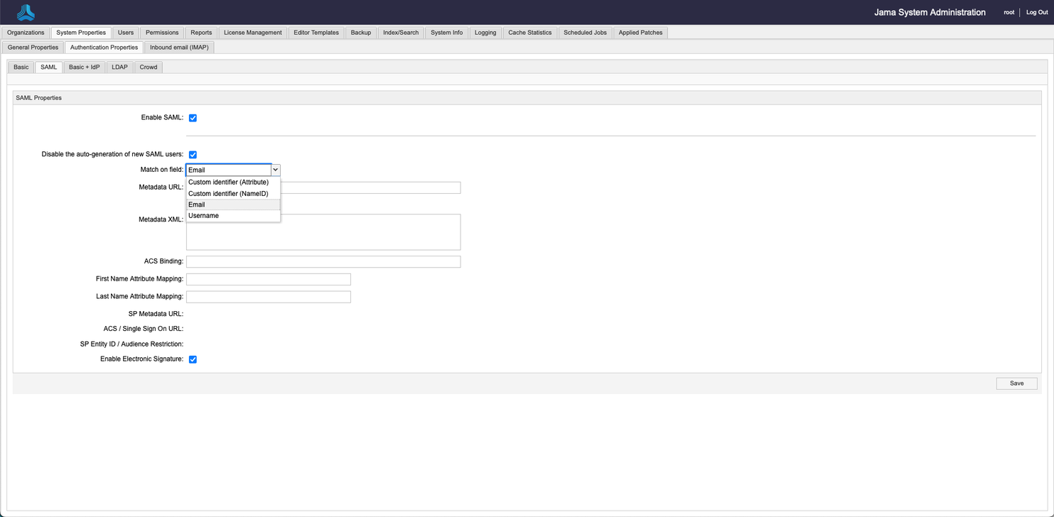 System Properties, authentication properties, SAML window allows you to configure SAML properties.