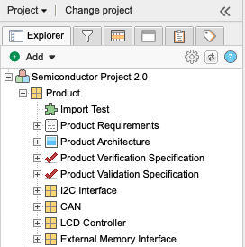 The Explorer Tree is accessed by selecting Projects > Project; it shows a hierarchical listing of all project items.