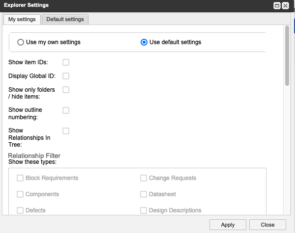 Explorer Settings control what and how information is displayed in the Explorer Tree.