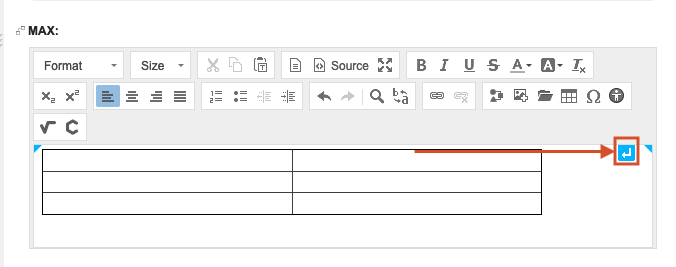 Add space in a table using the arrow that appears when you hover near where you want to add space.