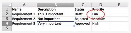 Example Excel worksheet includes unsupported Priority value which results in a blank entry.