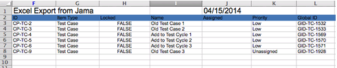 Example Excel report shows that columns A-E are hidden.