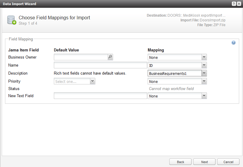 Data Import Wizard page, step 1 of 4: Choose Field Mappings for Import.