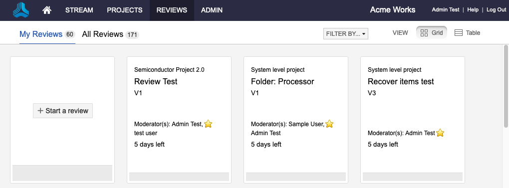 Example review dashboard in Grid View.