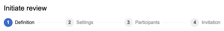 Initiate a review wizard has 4 pages: Definition, Settings, Participants, and Invitiation.