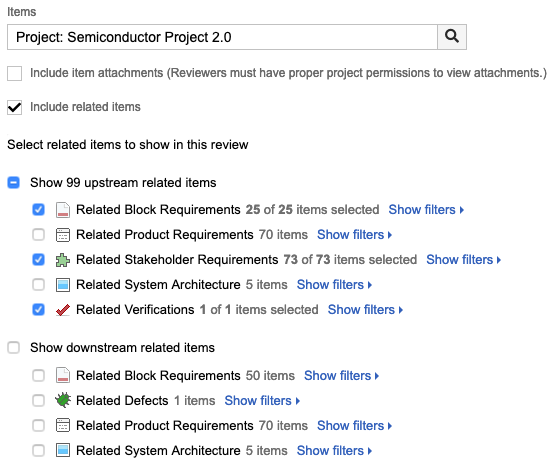 Image shows "Include related items" box checked with options to show upstream and downstream items, as well as buttons to hide or show filters.