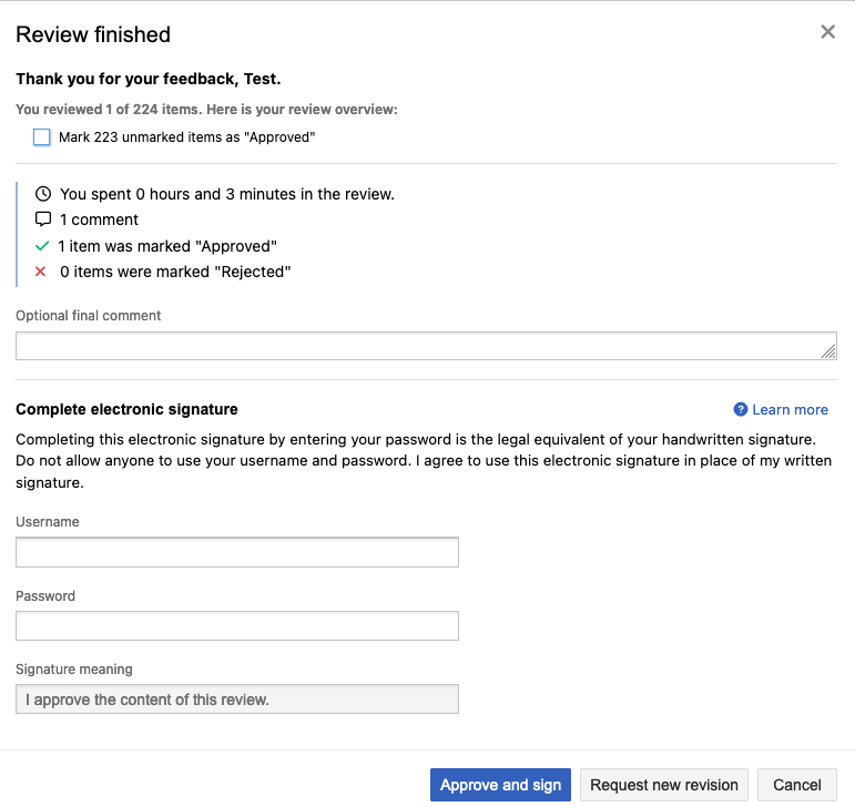 Select option to approve all remaining items, add an optional comment, and sign electronically.