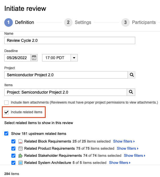 On Definitions page of Review wizard, select the Include related items option.