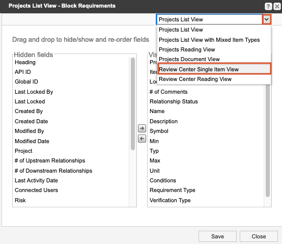 Select Review Center Single Item View from the drop-down menu.