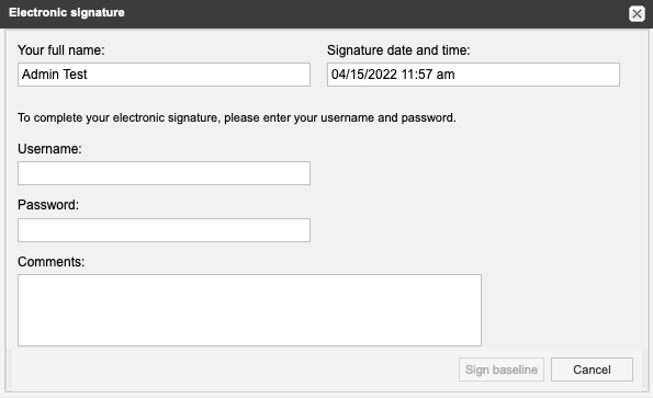 Electronic signature window shows name, signature date and fields for username, password, and comments.