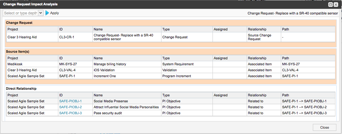 Example Impact Analysis lists items associated with a change request.