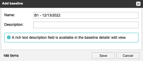 Add baseline window shows the Name and Description fields.