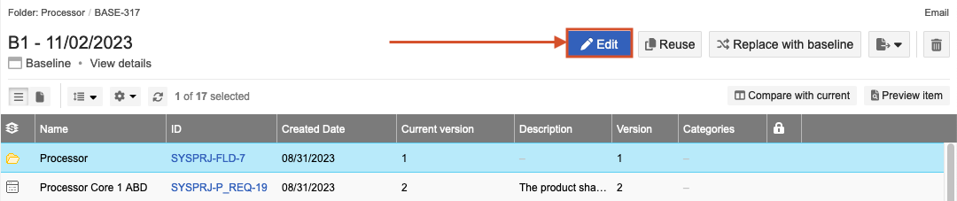 The main details panel shows a listed baseline is selected along with the Edit button in the toolbar.