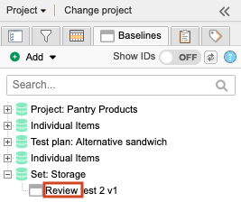 On the Baselines tab, a source, Set: Storage contains a baseline named "Review Test 2 vx" where x is the version number.