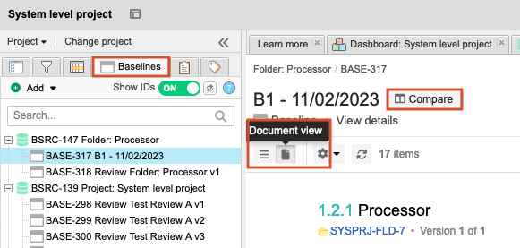 A baseline is selected and i the details panel Document view and Compare are highlighted.