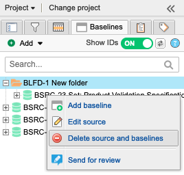 The Baselines tab shows a selected baseline source and the submenu option Delete source and baselines.