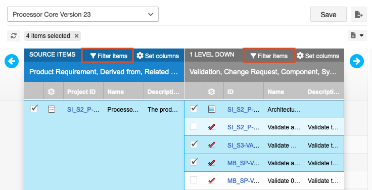 The Trace View UI shows selected items under the Source Items column and 1 Level Down column, with the Filter Items option selected in each column.