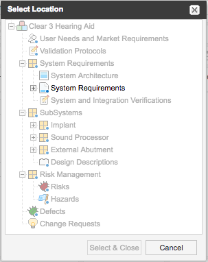 The Select Location window shows the items listed in the Explorer Tree, with all but one available to be selected.