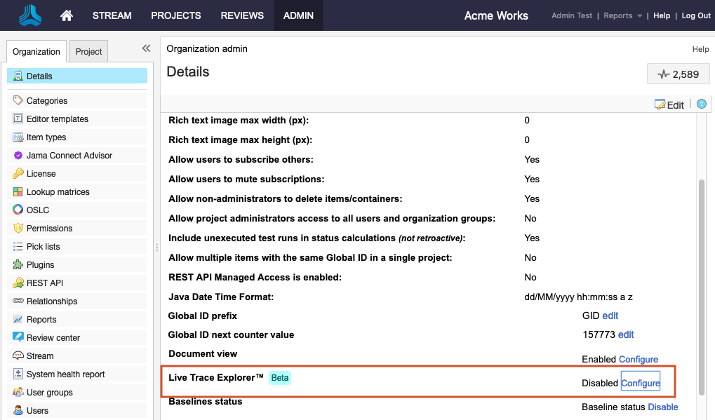 The Details panel shows Live Trace Explorer selected, its status is Disabled, and the Configure option available.