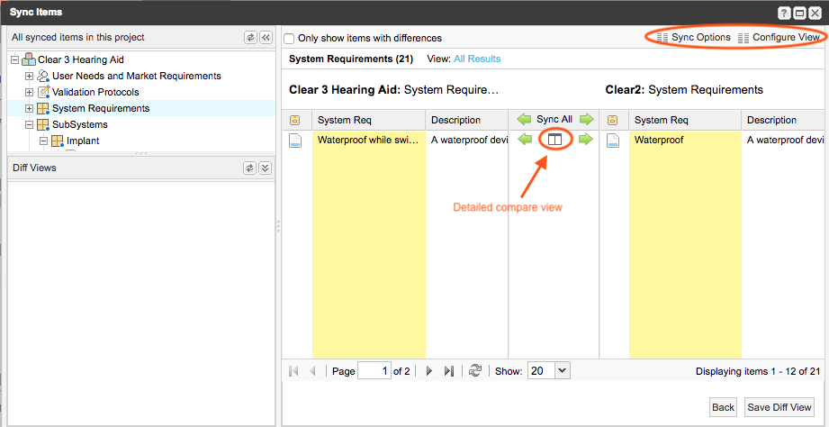 The Sync Items window shows the Configure View action and the detailed compare view are highlighted. The columns for items that don't match are highlighted in yellow.