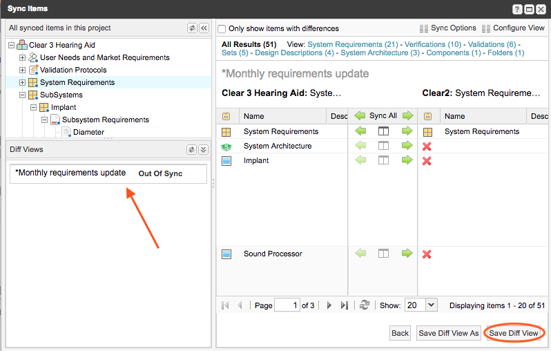 The Sync Items window has an arrow pointing to the Diff Views and the Save Diff View button is highlighted.