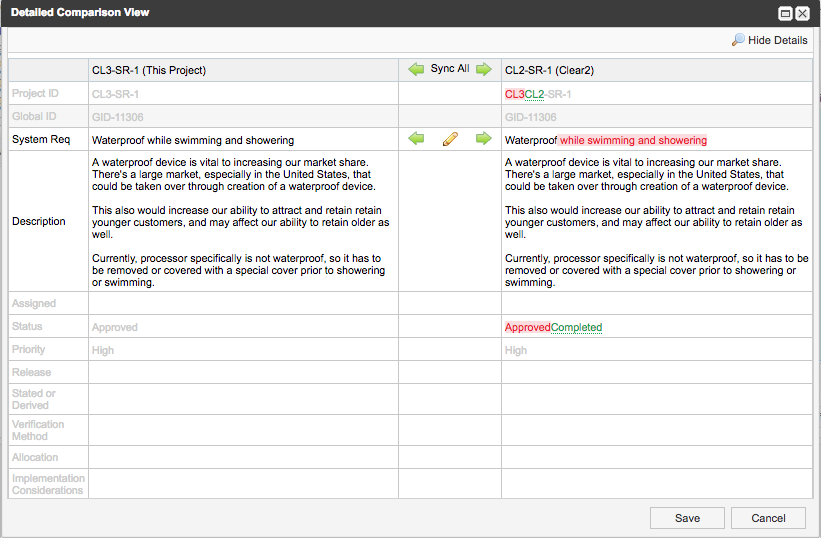 The Detailed Comparison View lists differences in red (deleted or changed) and green (added).