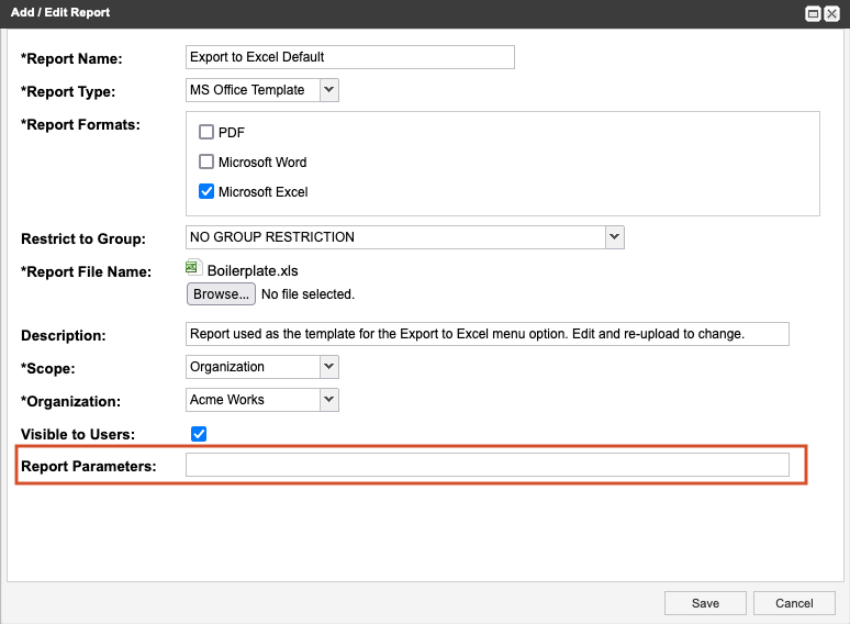 The Add / Edit Report window shows the Report Parameters field is highlighted.