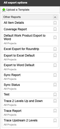 The All export options menu lists favorites marked with a star at the top and other reports below.