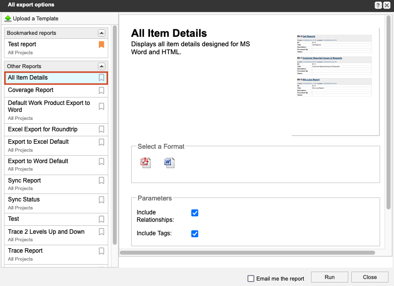 The All export options window show All Item Details template selected under Upload a Template.