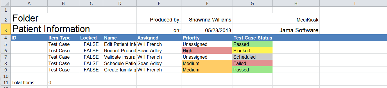 Example of export results without steps.