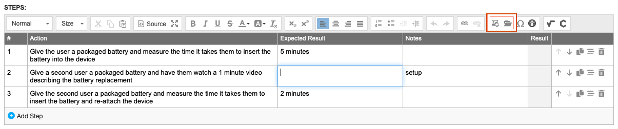 Example steps are listed in a table form, with cursor in Expected Results field and the image button is highlighted.