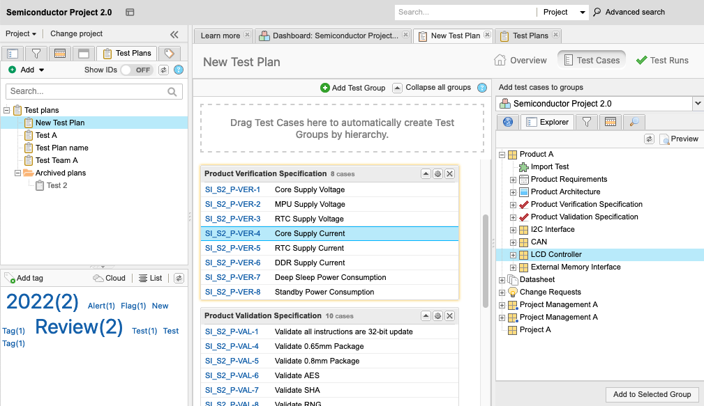 The UI shows a test plan selected in the Explorer Tree and the right panel shows the available test cases that can be added.