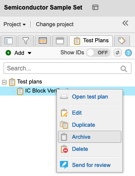 The Explorer Tree shows a selected test plan and the drop-down menu options Archive is selected.