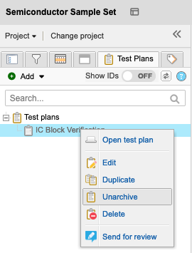 The Explorer Tree shows a selected test plan and the drop-down menu option Unarchive is selected.