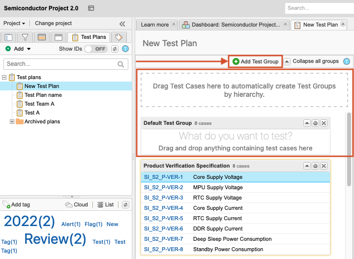 The New Test Plan page shows the Add Test Group button selected.