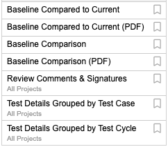 List of default reports included with Jama Connect.