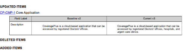 Top of report shows added or deleted items between compared baselines.