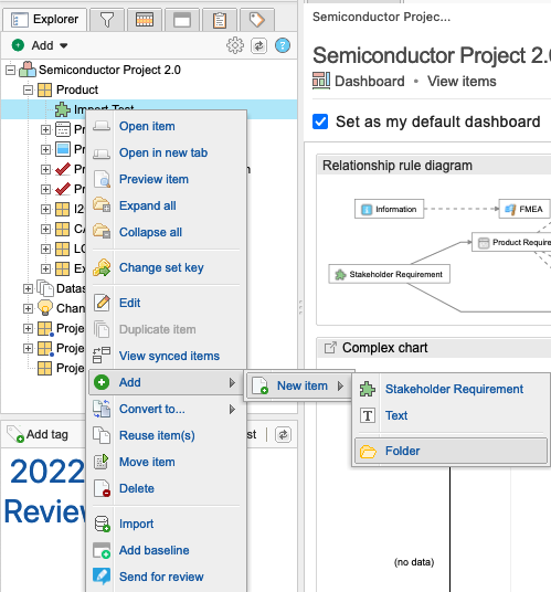 Use cascading menu in Explorer Tree to add a folder: set name > Add > New item > Folder.