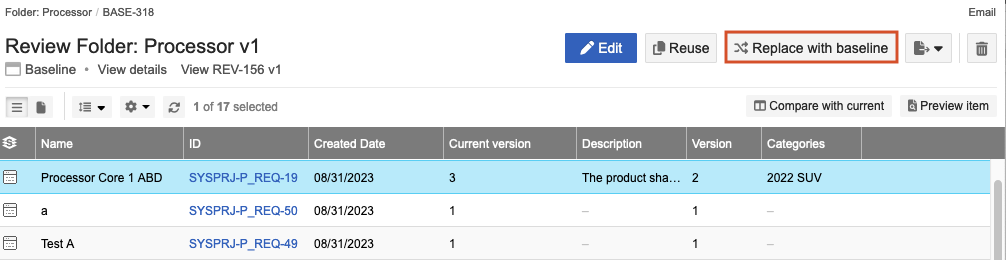 The Replace with baseline option resets item fields to values from baseline.