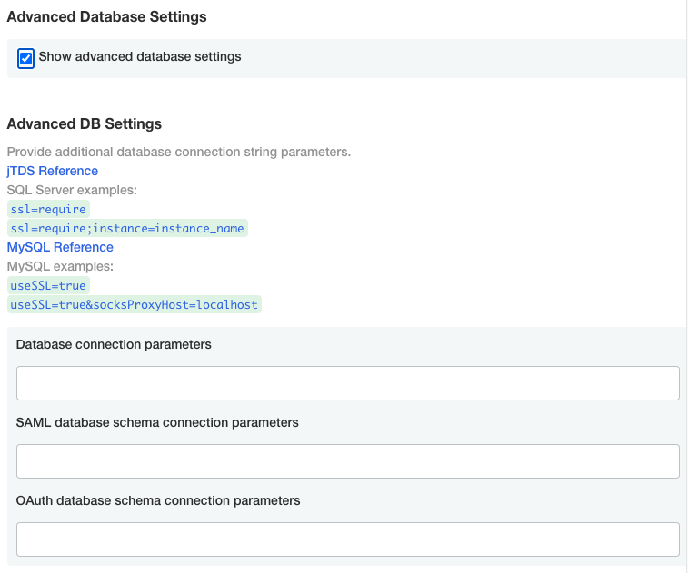 Advanced Database Settings window includes parameter settings for connections, including SAML and OAuth.