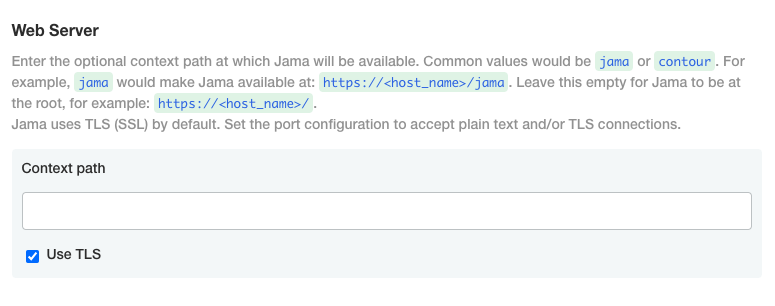 The Web Server window includes an optional Context path field and Use TLS option.