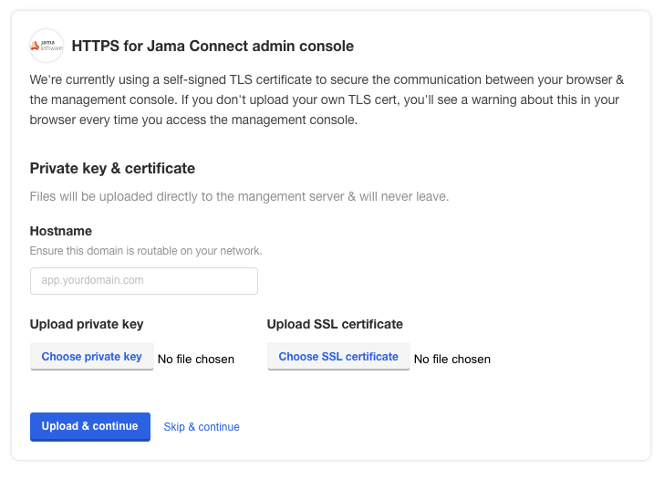 The window includes two options: Upload private key and Upload SSL Certificate.