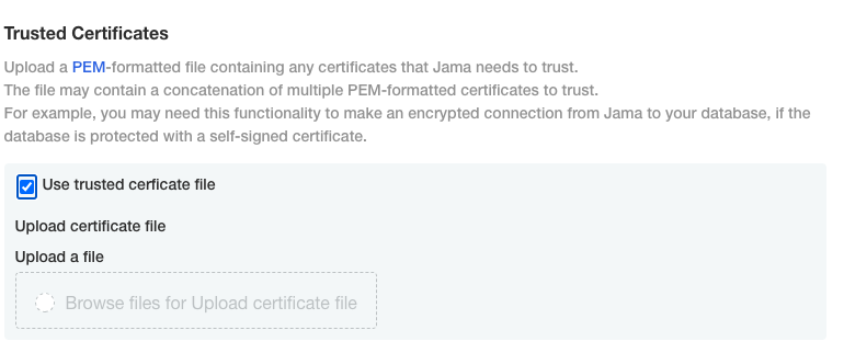 The Trusted Certificates section of the Settings window includes an option Use trusted certificate file.