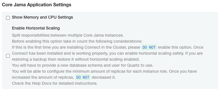 The Core Jama Application Settings section includes two options: Show Memory and CPU Settings and Enable Horizontal Scaling.