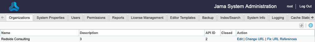 The System Administration page, logged in as root.