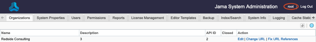 System Administration page with root highlighted.