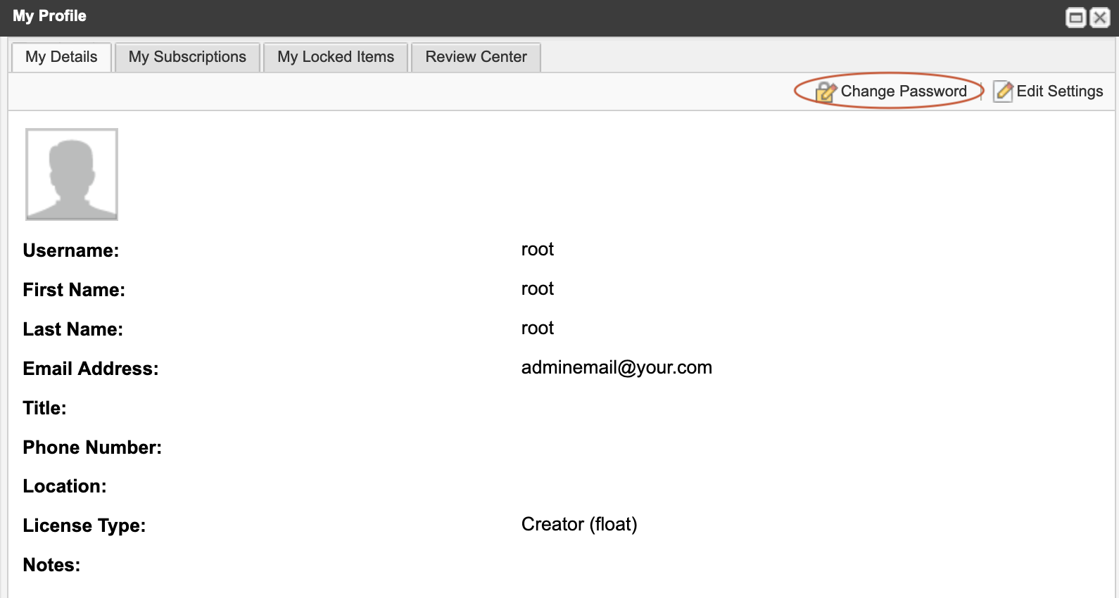 My profile page for root with Change Password option highlighted.